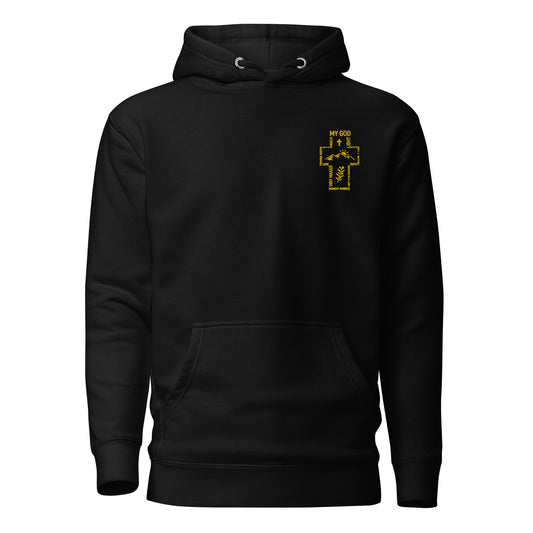 Black unisex Christian hoodie with small golden cross and "My God, My Strength" embroidered on the chest

