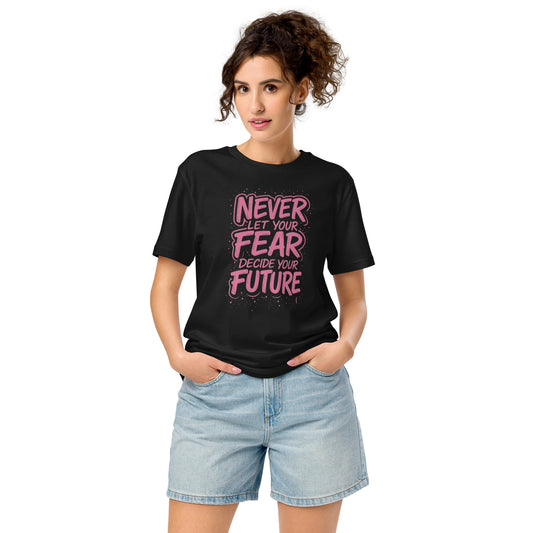 Women’s Christian tee with bold “Never Fear Faith” quote printed on front