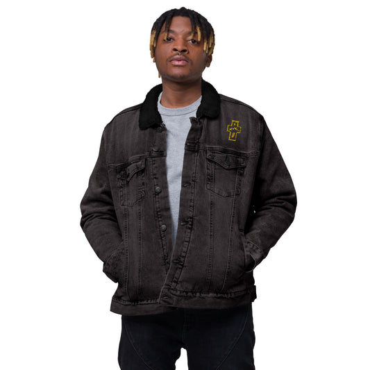 Men’s black sherpa-lined denim jacket with embroidered “My God, My Strength” on front 
