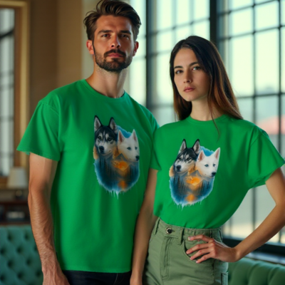 Unisex cotton t-shirt featuring two huskies standing over a golden forest background, symbolizing strength, loyalty, and nature

