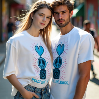 Couple wearing oversized t-shirts with peace, love, and bass graphics – ideal for EDM festivals and summer vibes