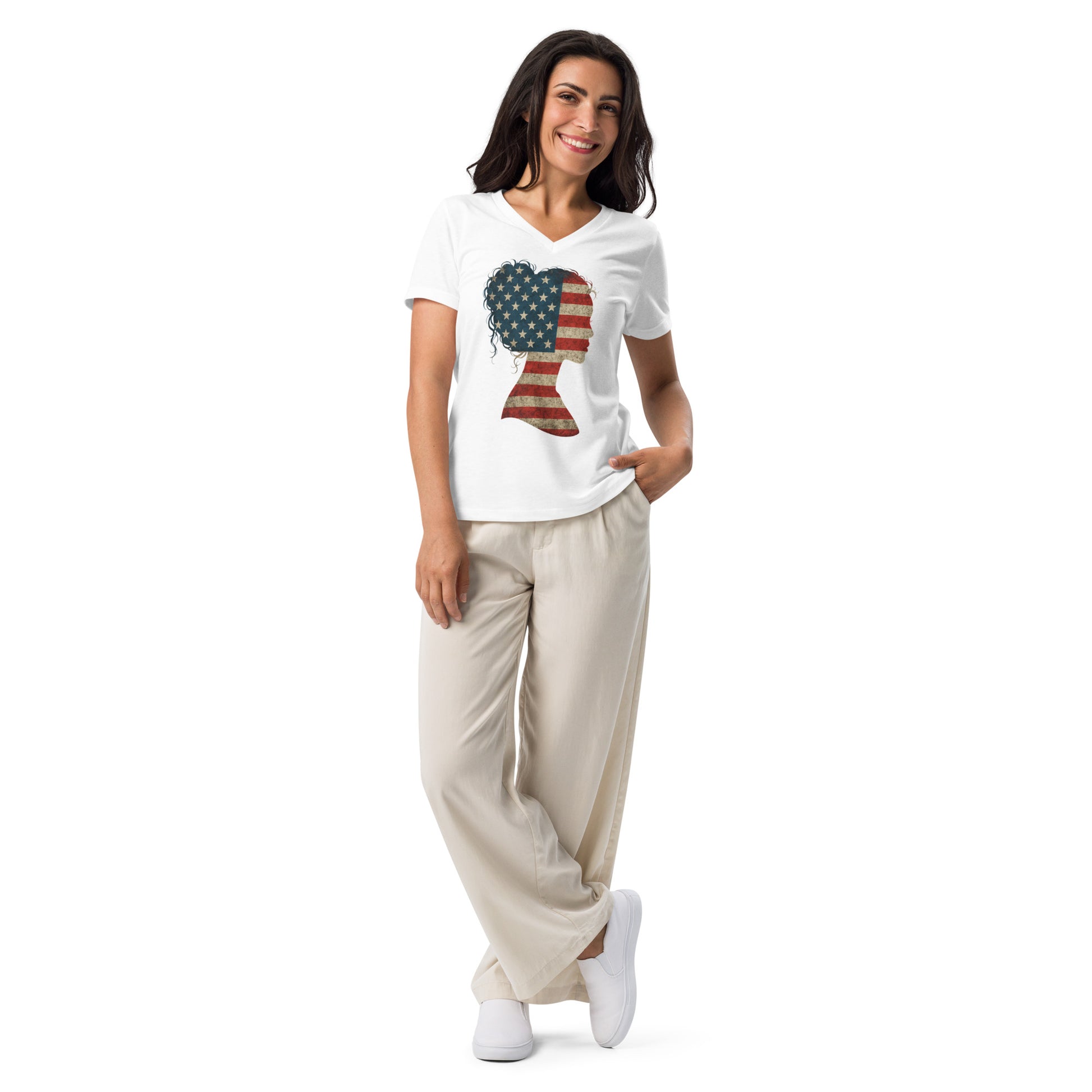 Smiling woman wearing white v-neck t-shirt with bold American flag silhouette design – patriotic USA-themed shirt for women