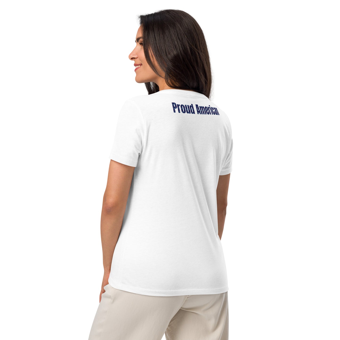 Woman wearing a white v-neck t-shirt with “Proud American” text on the upper back – patriotic USA shirt for women
