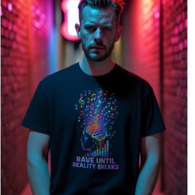 Man in black t-shirt with neon festival graphic, perfect for EDM and rave fashion