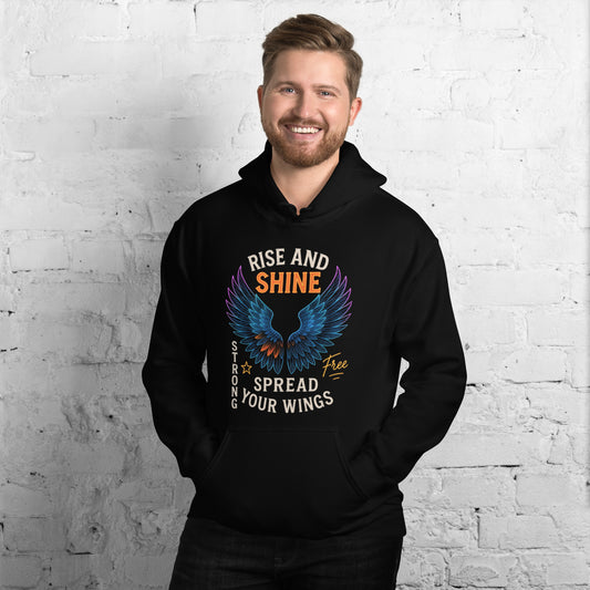 Man wearing Rise & Shine Men’s Hoodie with motivational quotes printed front and back – black pullover for daily inspiration

