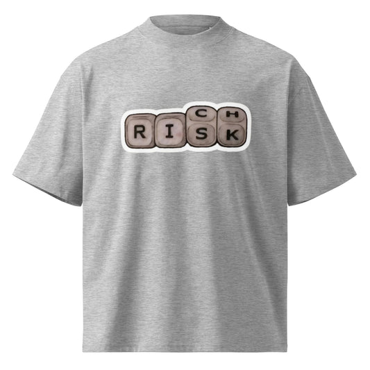 Oversized t-shirt with 'RISK' printed on front and 'Fortune favours the bold' on the back
