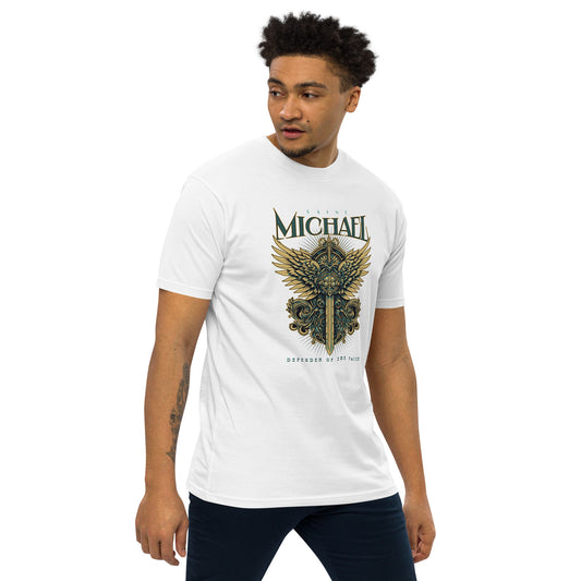 Men’s Christian t-shirt with Saint Michael sword and wings design symbolizing divine protection