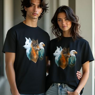 Nature-inspired unisex t-shirt with bold wolf, eagle, and forest design in earthy tones
