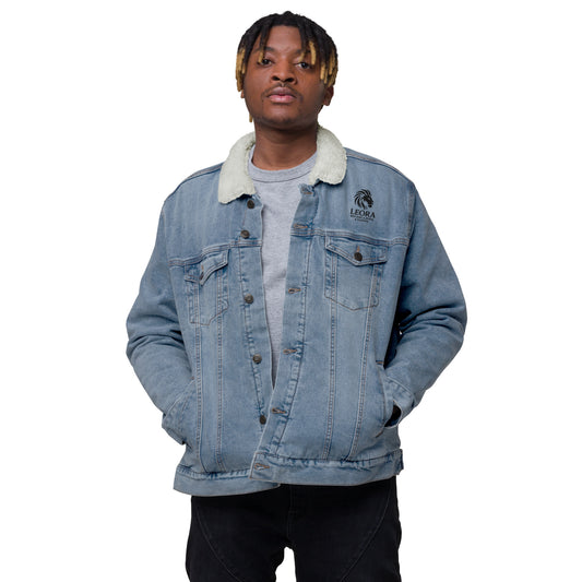 Front and back view of a man wearing a light denim sherpa jacket with bold Christian embroidery
