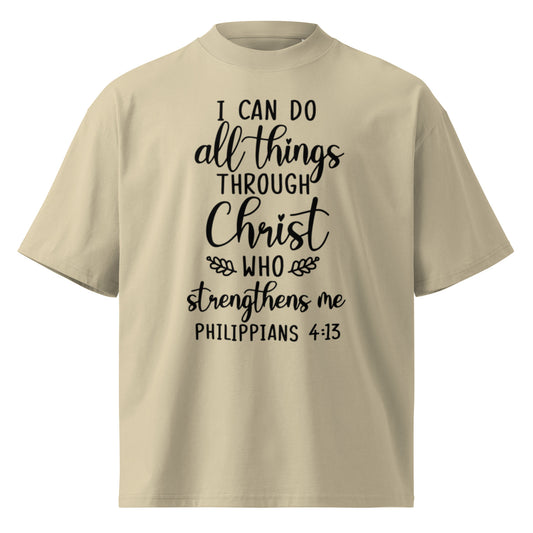 Beige oversized t-shirt with “I can do all things through Christ who strengthens me” printed on the front, modeled as Christian streetwear
