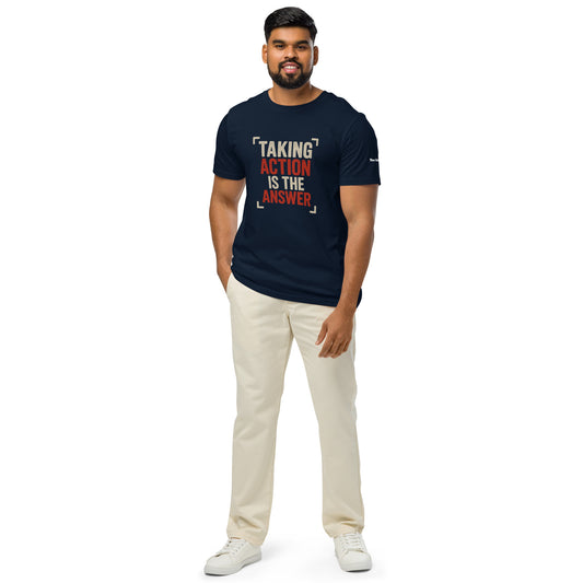 Men’s navy organic t-shirt with bold “Taking Action Is the Answer” motivational quote design


