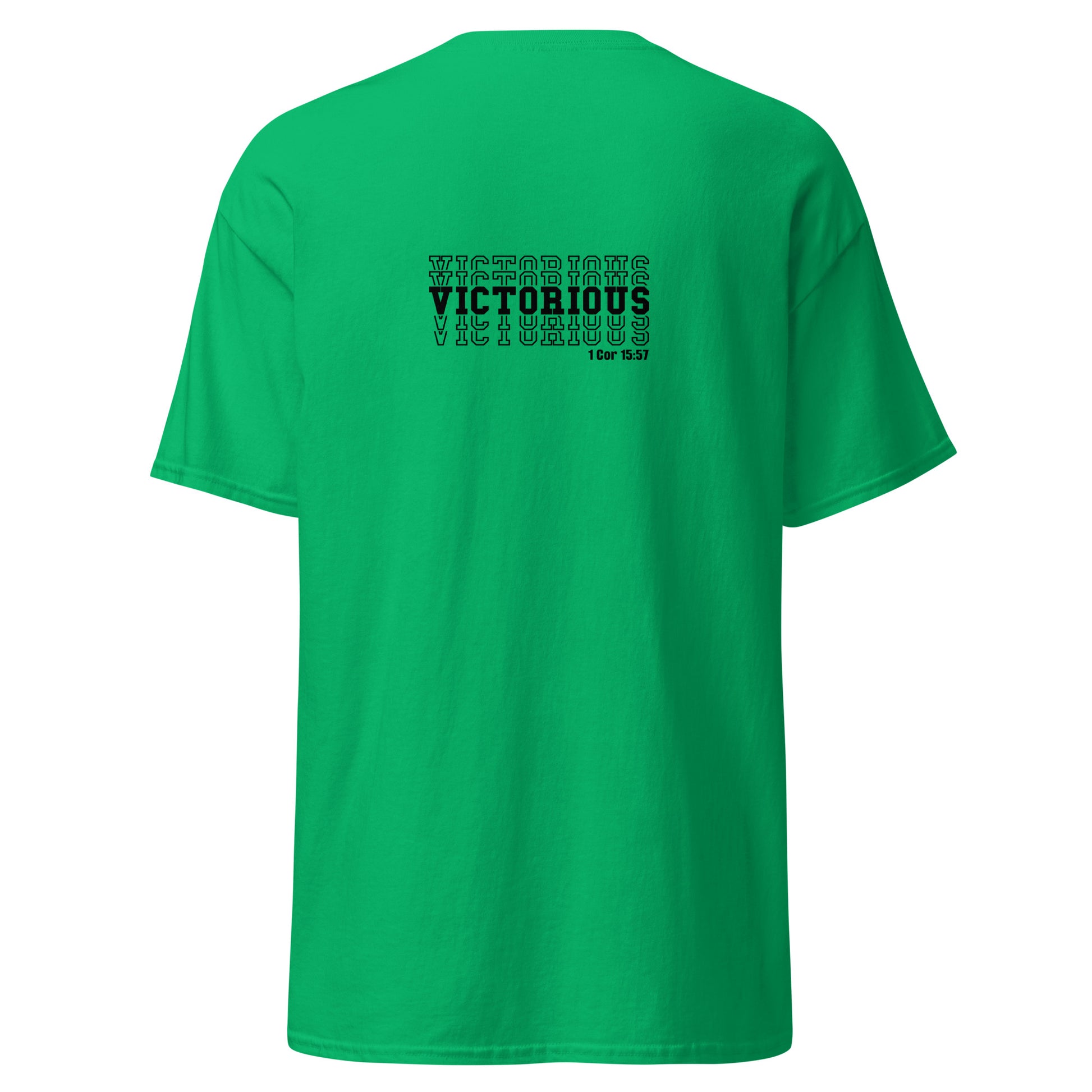 Back of green Christian t-shirt with “Victorious” and 1 Corinthians 15:57 Bible verse