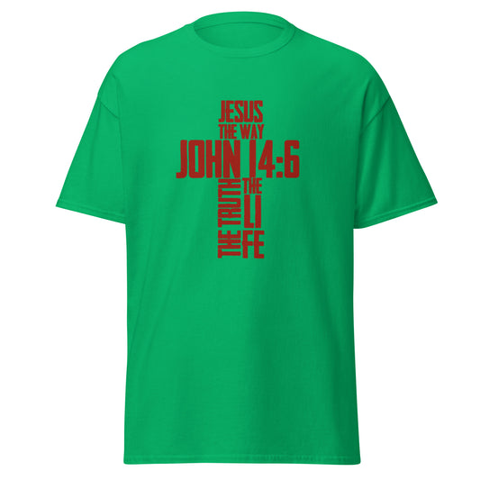 Green Christian T-shirt with John 14:6 in red cross design