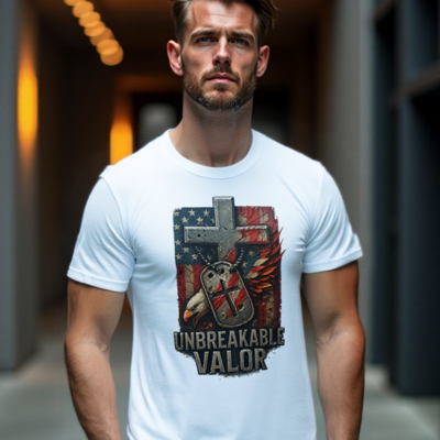 Man wearing a white Christian patriotic shirt with eagle, cross, American flag and bold faith-based text design – Unbreakable Valor Tee