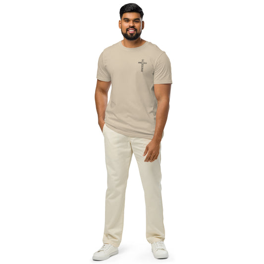 Men’s organic cotton t-shirt with flat embroidered words “Waymaker, Miracle Worker, Promise Keeper” on the front
