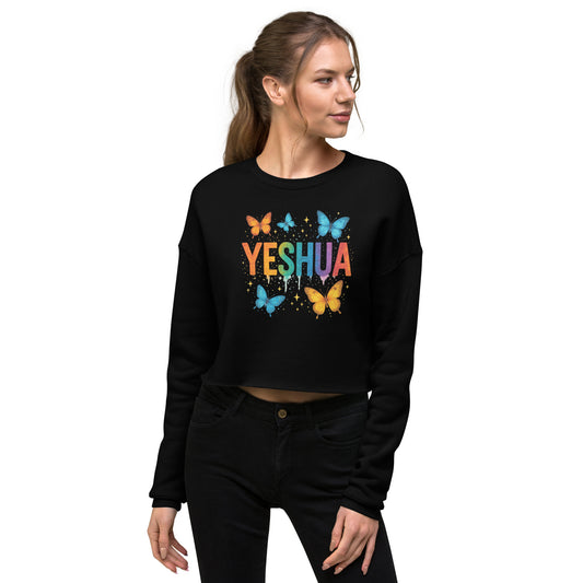 Black women’s Christian crop fleece with colorful Yeshua print and bold faith message