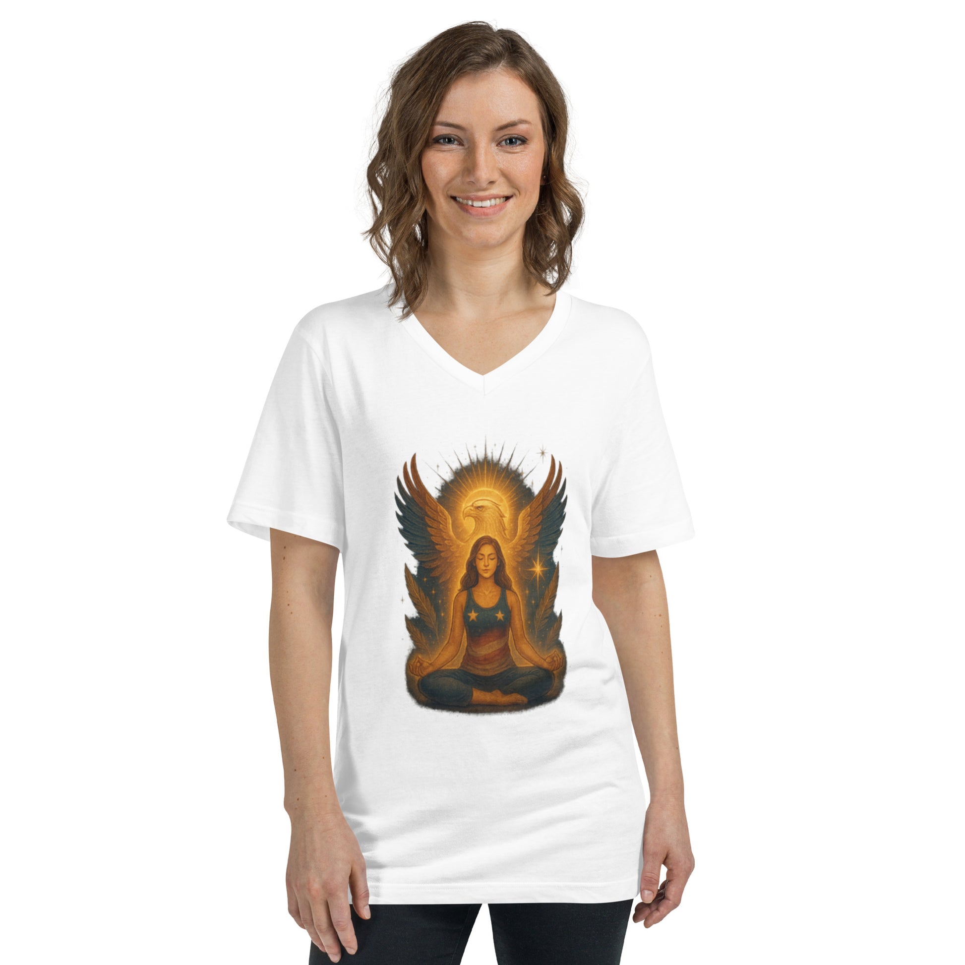 Woman wearing a white V-neck t-shirt with a graphic of a winged goddess in a meditative pose, glowing with light – Liberty Lady Fourth of July design