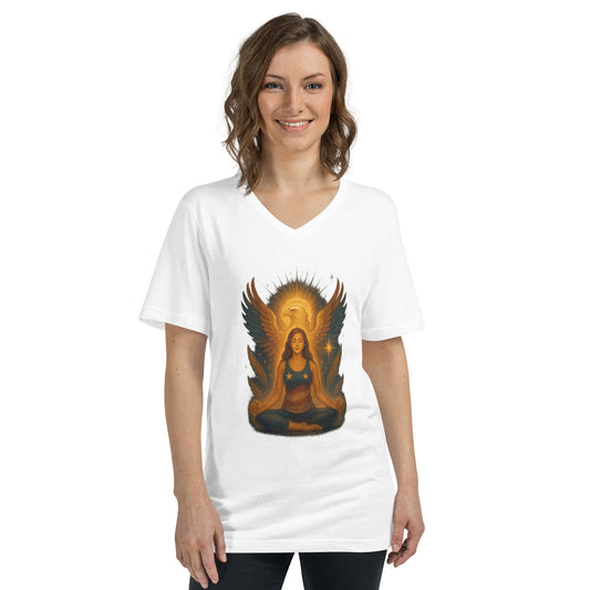 Woman wearing a white V-neck t-shirt with a graphic of a winged goddess in a meditative pose, glowing with light – Liberty Lady Fourth of July design